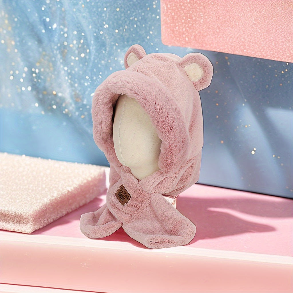 2 In 1 Hooded Cap Scarf Winter Scarf Bear Furry Hat Scarf