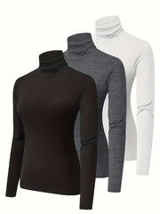 3Pcs High Neck Sporty T Shirt Long Sleeves Solid Sports Tee Women's Activewear