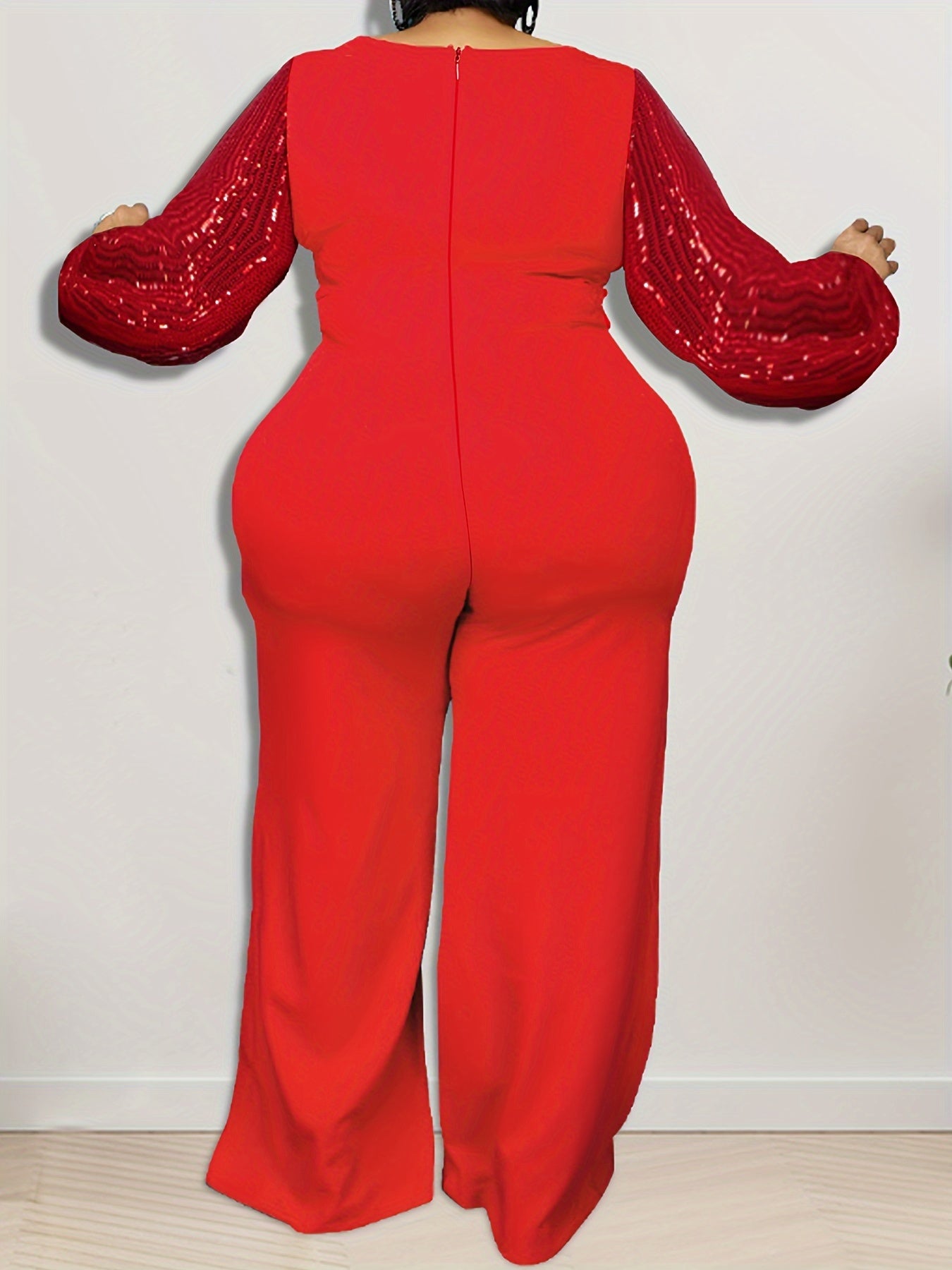 Contrast Sequin Sleeve Wide Leg Jumpsuit Plus Size High Stretch Party Jumpsuit