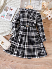 Plaid Print Long Sleeve Dress for Girls