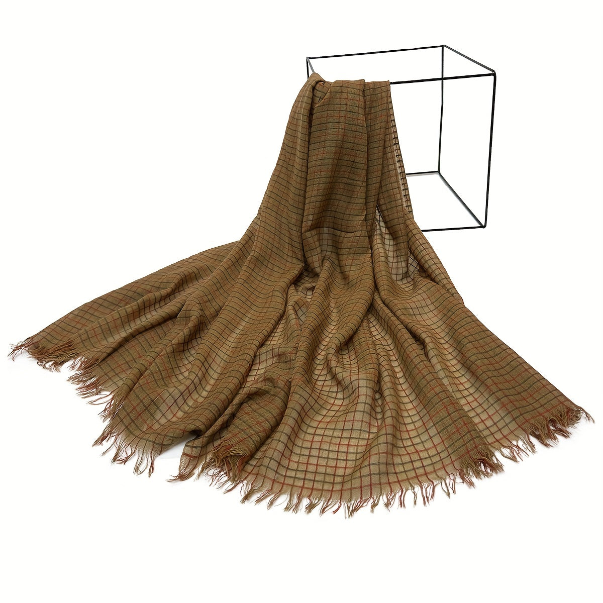 Plaid Pattern Scarf Vintage Frayed Edge Shawl Windproof Head Wrap