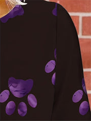Paw Print Crew Neck Pullover Sweatshirt for Women