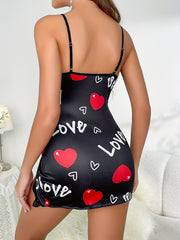 Heart Print Slip Nightdress Lace V Split Sleep Dress Women's Sleepwear