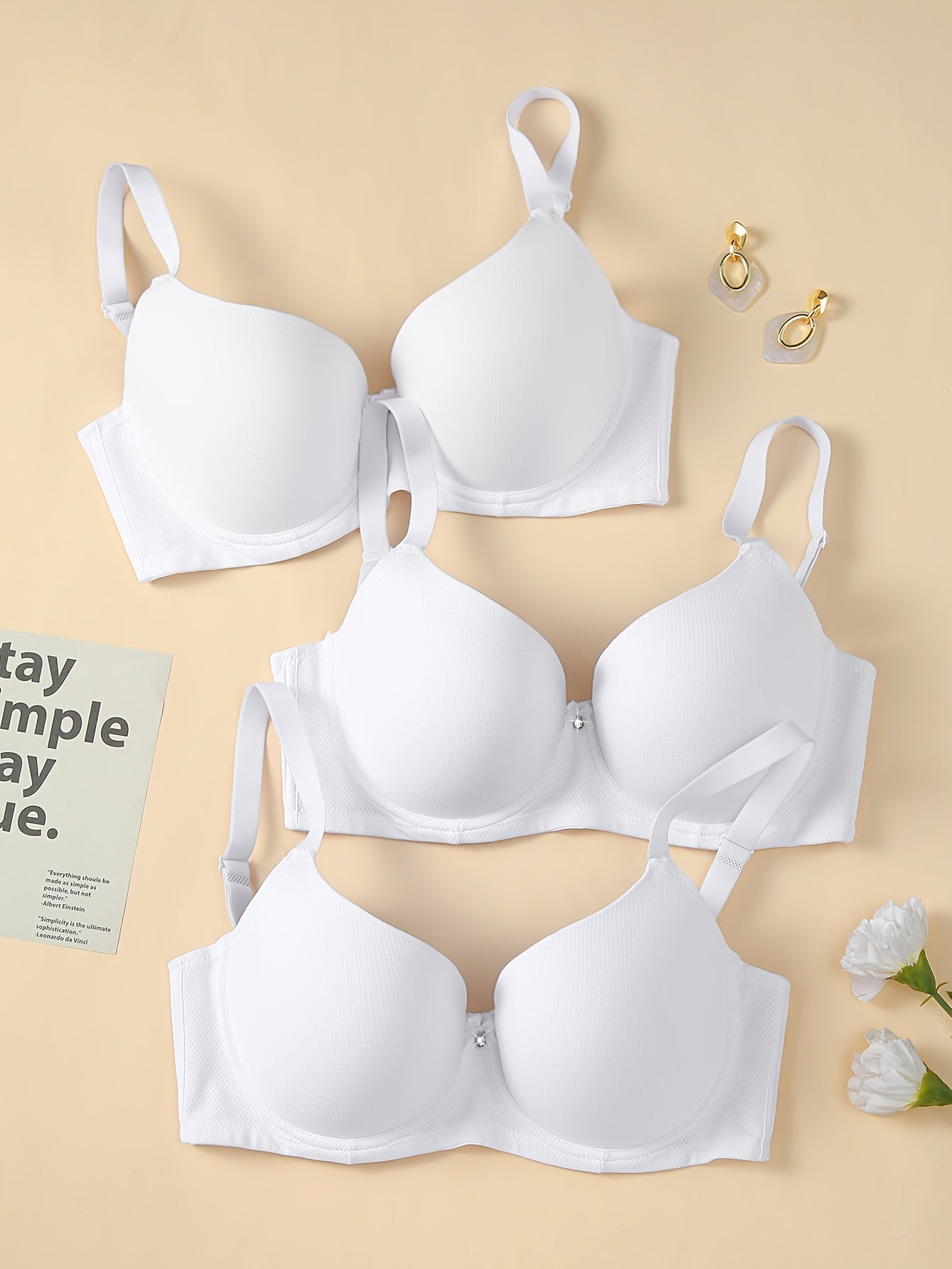 3 Pack Plus Size Rhinestone Decor Seamless Padded Bra Set