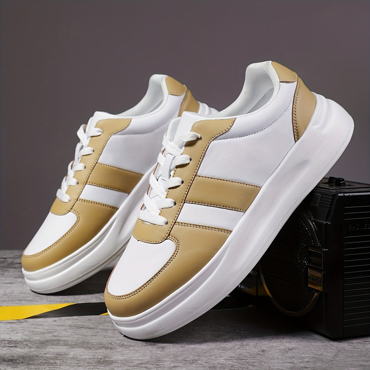 Men's Block Low Top Lace up Skate Shoes Outdoor Anti skid Platform Walking Shoes