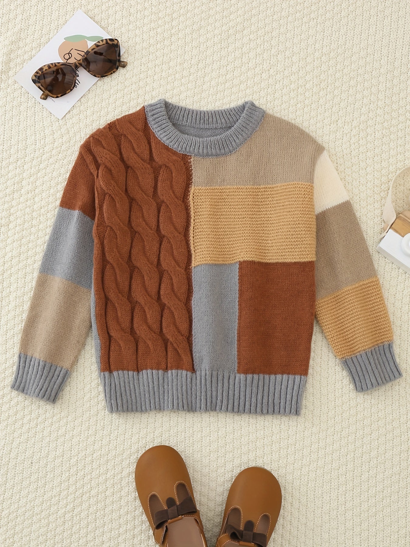 Boys Block Crew Neck Sweater Pullover For Spring Autumn