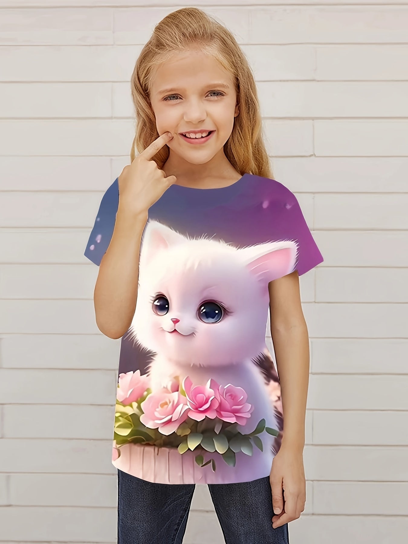 Sweet Flower & Kitty Tee Girls Short Sleeve Summer Clothes Gift