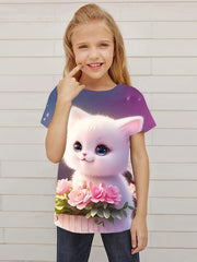 Sweet Flower & Kitty Tee Girls Short Sleeve Summer Clothes Gift
