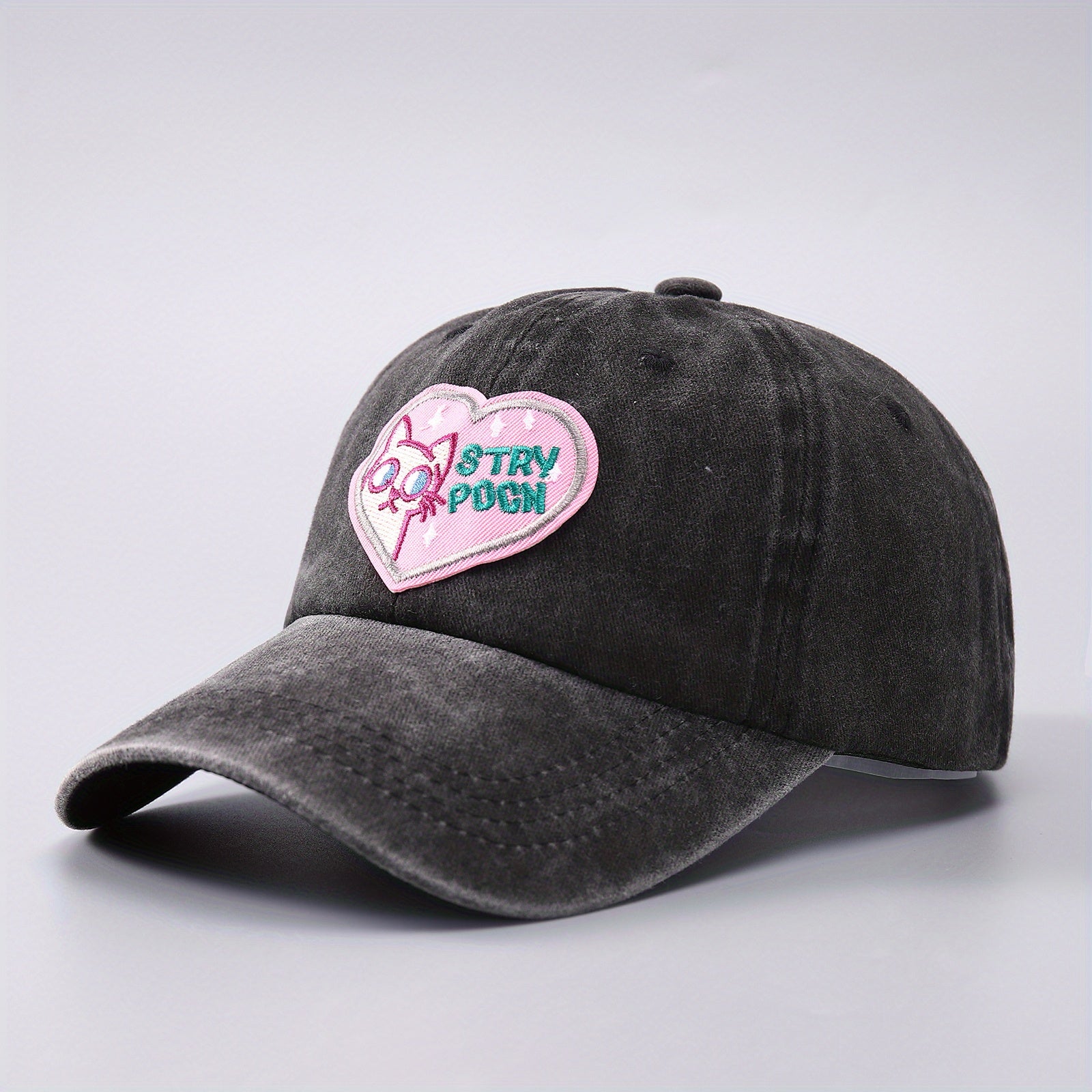 Heart Cat Patch Baseball Cap Embroidery Washed Distressed Cotton Sun Hat