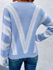 Colorblock Stripe Print V Neck Zipper Sweater