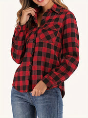 Gingham Print Button Up Long Sleeve Blouse