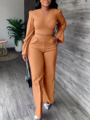 Surplice Neck Long Sleeve Top & High Waist Wide Leg Pants Set