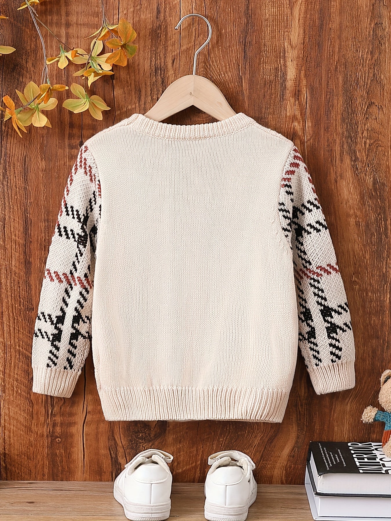 Boys Twist Pattern Sweater Round Neck Long Sleeve Warm Knit Pullover Top