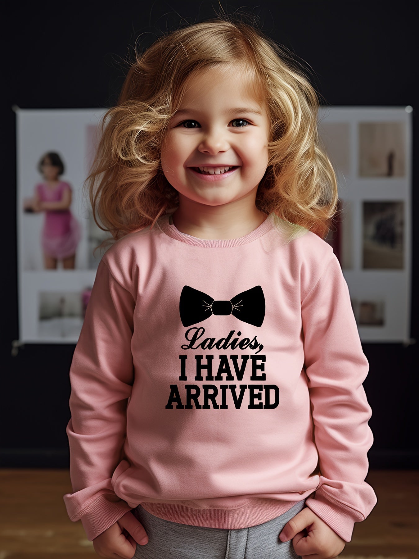 Girls Bow Tie Pattern Crew Neck Sweatshirt For Spring Fall Christmas Gift