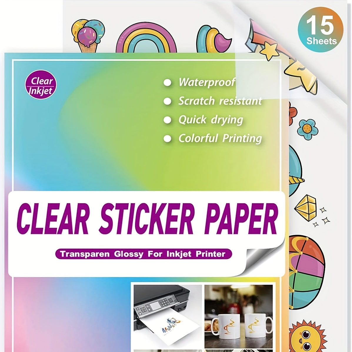 15pcs Clear Inkjet Printer Stickers Paper