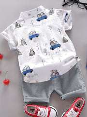Boys 2pcs Cartoon Print Shirt & Shorts Set