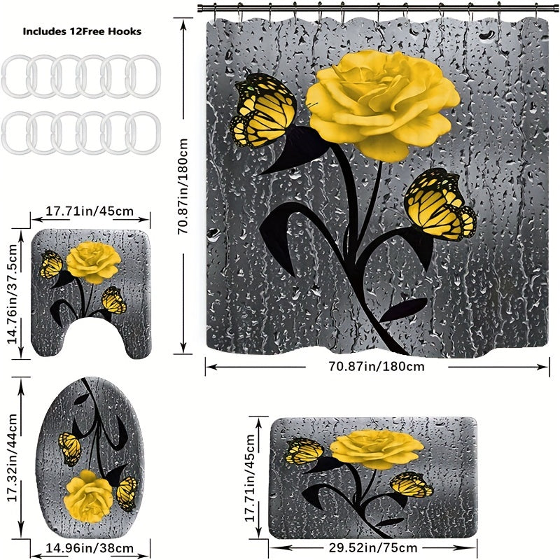 Yellow Rose Bathroom Set with Shower Curtain and 12 Hooks