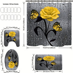 Yellow Rose Bathroom Set with Shower Curtain and 12 Hooks