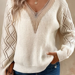 Colorblock V Neck Lace Sweater