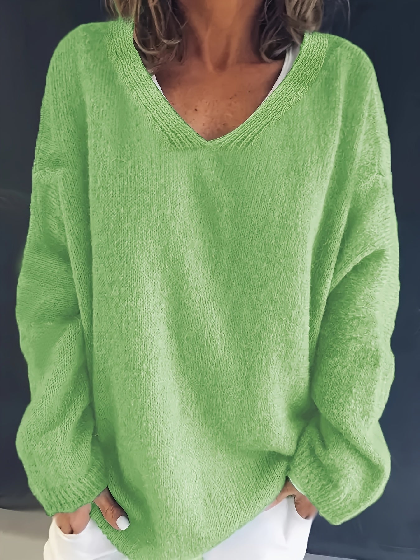Solid V Neck Sweater Long Sleeve Loose Fit Pullover
