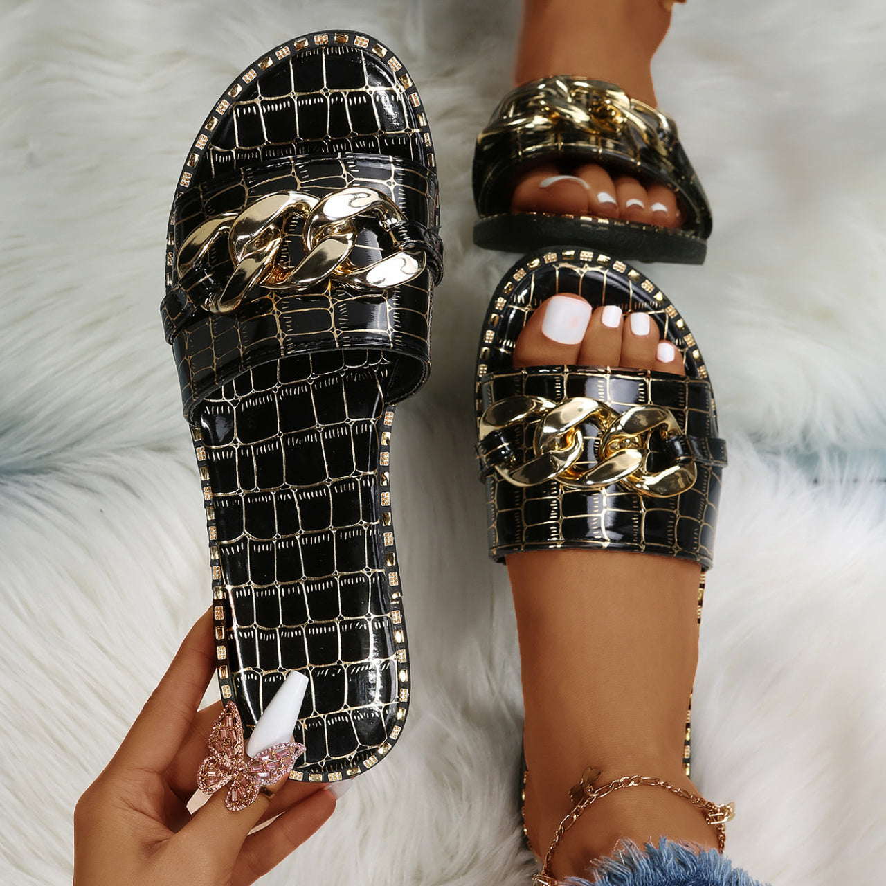 Metal Chain Decor Flat Slippers Open Toe Non Slip Patent Leather Slides