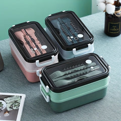 1050ml Double Layer Lunch Box w/Tableware for Outdoor Camping/Fishing