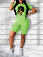 Girl Print Matching Two piece Casual Set Short Sleeve T shirt & Biker Shorts