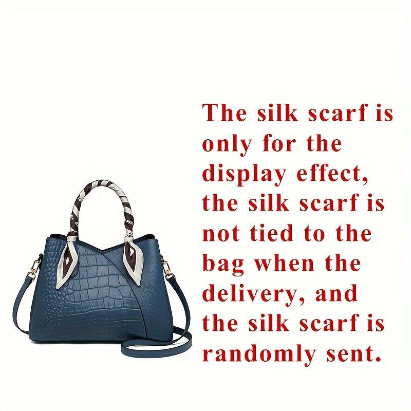 Crocodile Pattern Leather Tote Bag with Scarf Handle