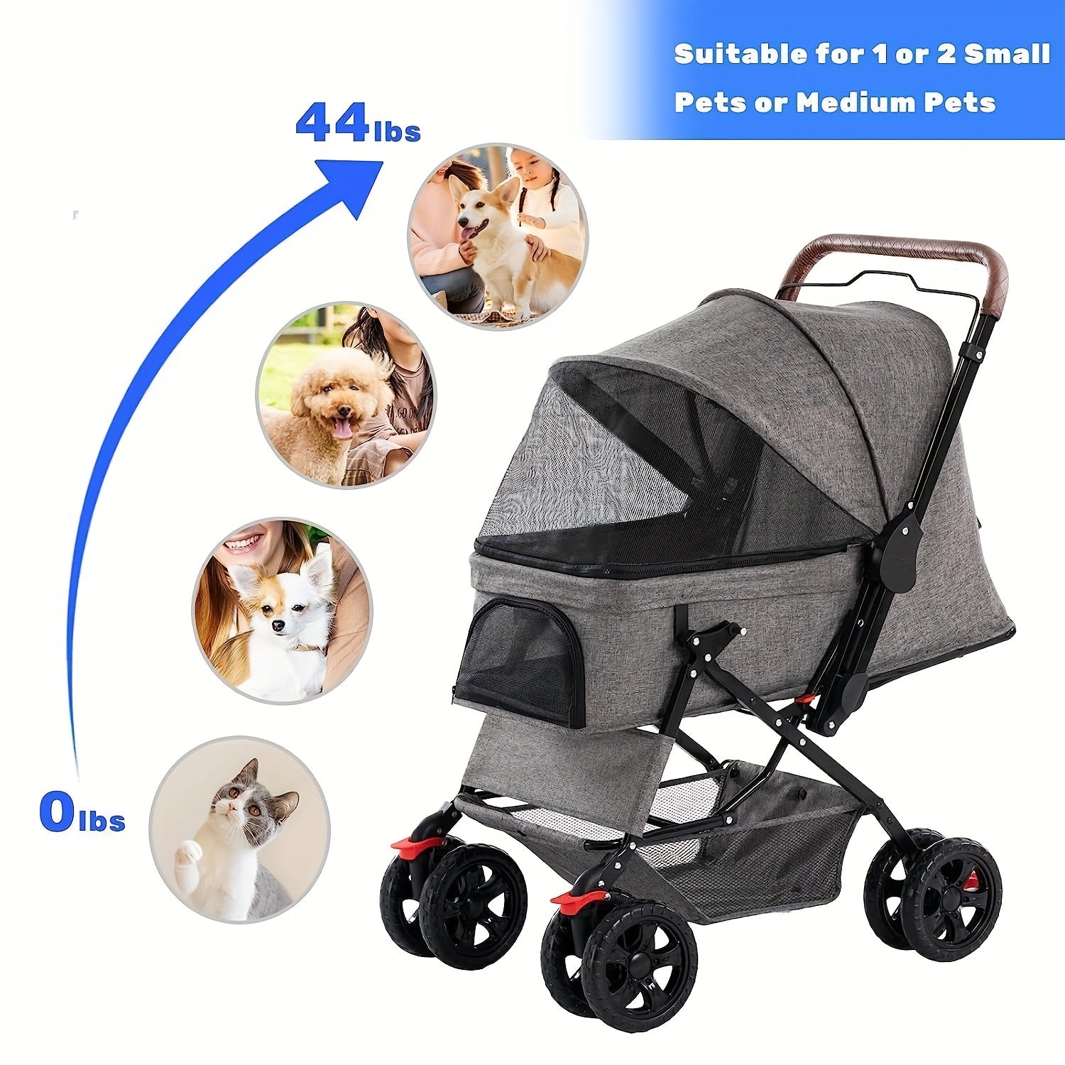 Pet Dog Stroller For Cats & Dogs, Weather Cover, Storage Basket