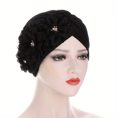 Flower Patch Ramadan Turban Cap Head Scarf Solid Chiffon Head Wrap