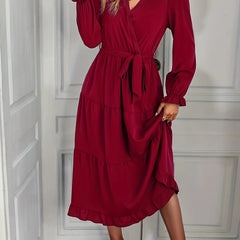 Tiered Surplice Neck Dress Long Sleeve Midi Dress Women's Clothing