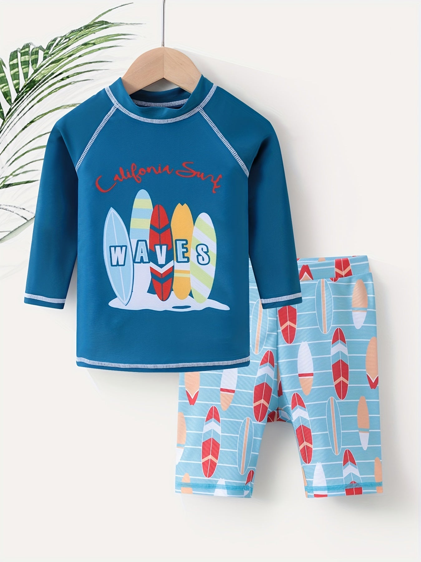 Boys Surfboard Print Swimming Suit Trunks & Tops For Beach Vacation