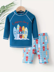 Boys Surfboard Print Swimming Suit Trunks & Tops For Beach Vacation