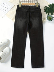 Girls' Ripped Straight Leg Retro Jeans Solid Fit Denim Pants