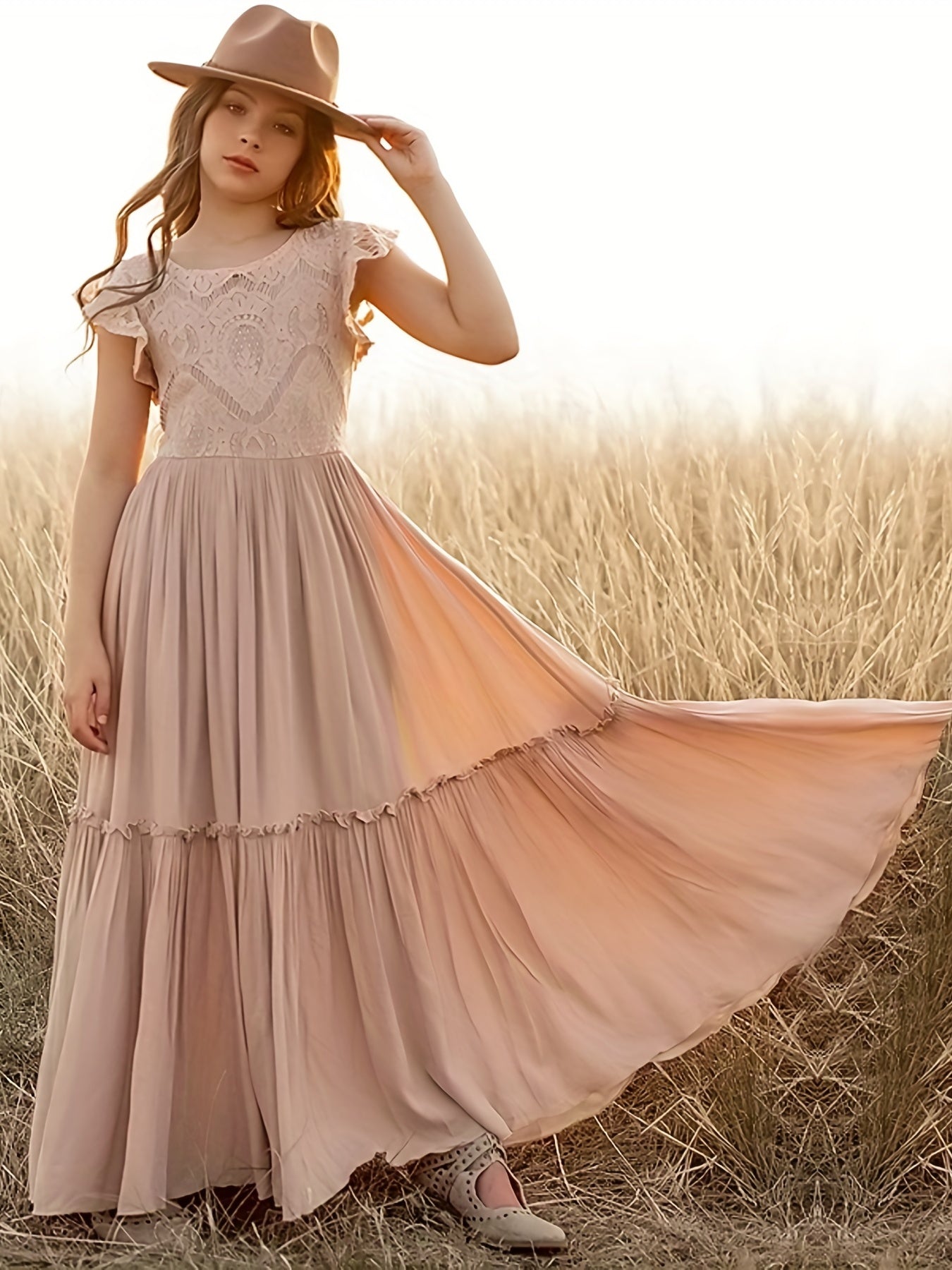 Girls' Lace Maxi Gown Dress for Wedding Performance