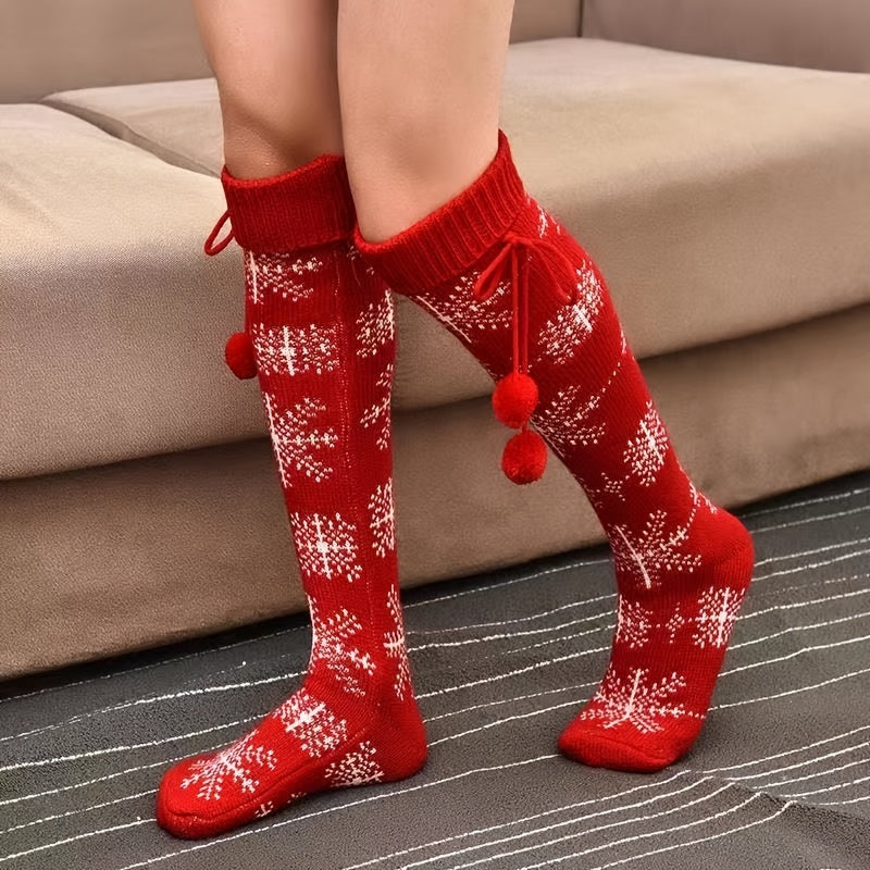 Christmas Knee High Stockings Warm Cotton Knit Socks Red Women's Hosier
