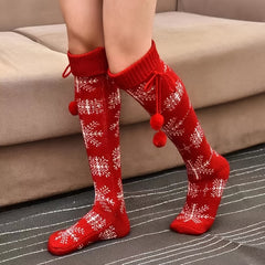 Christmas Knee High Stockings Warm Cotton Knit Socks Red Women's Hosier