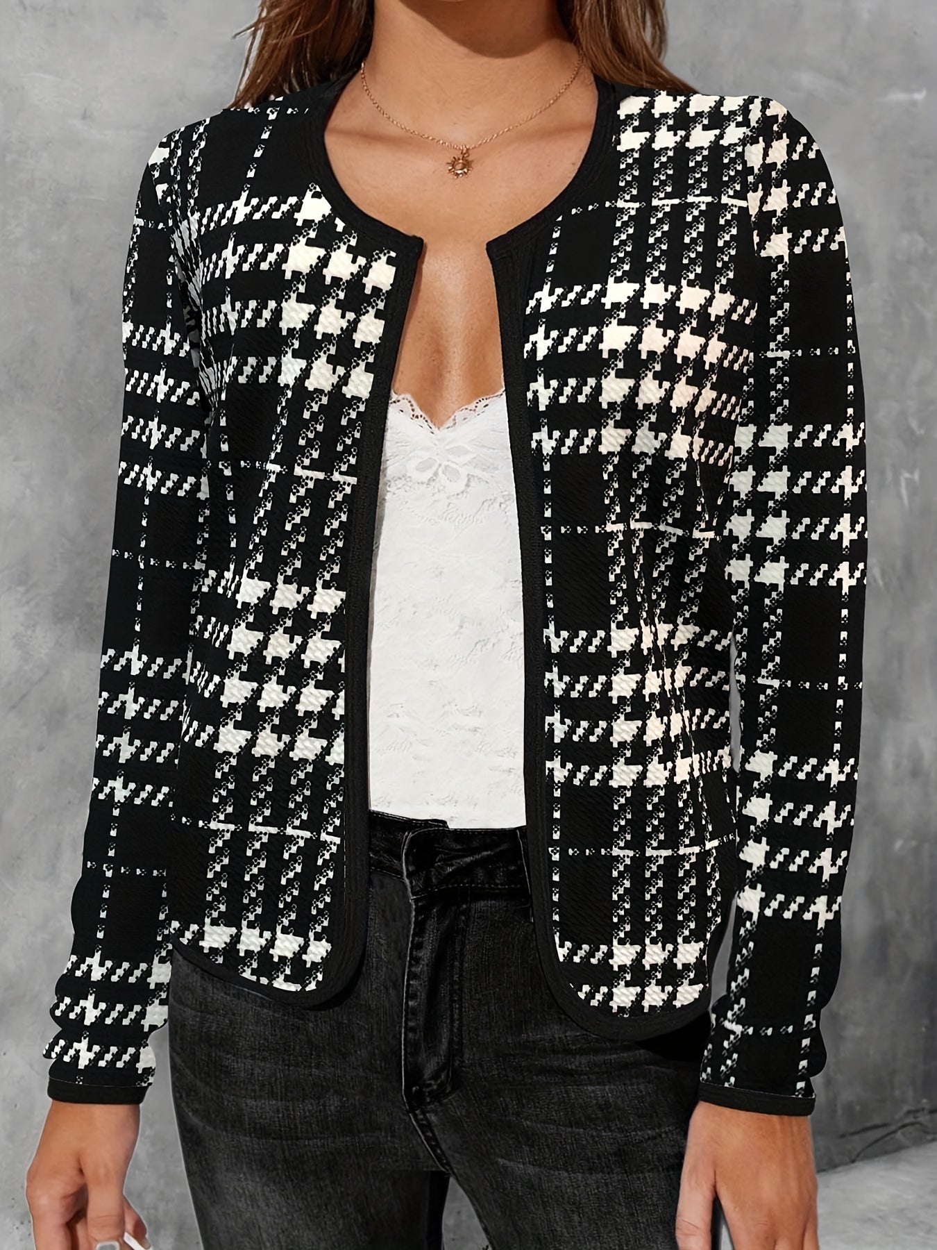 Houndstooth Print Jacket Open Front Crew Neck Long Sleeve