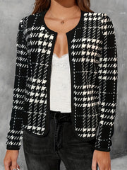 Houndstooth Print Jacket Open Front Crew Neck Long Sleeve
