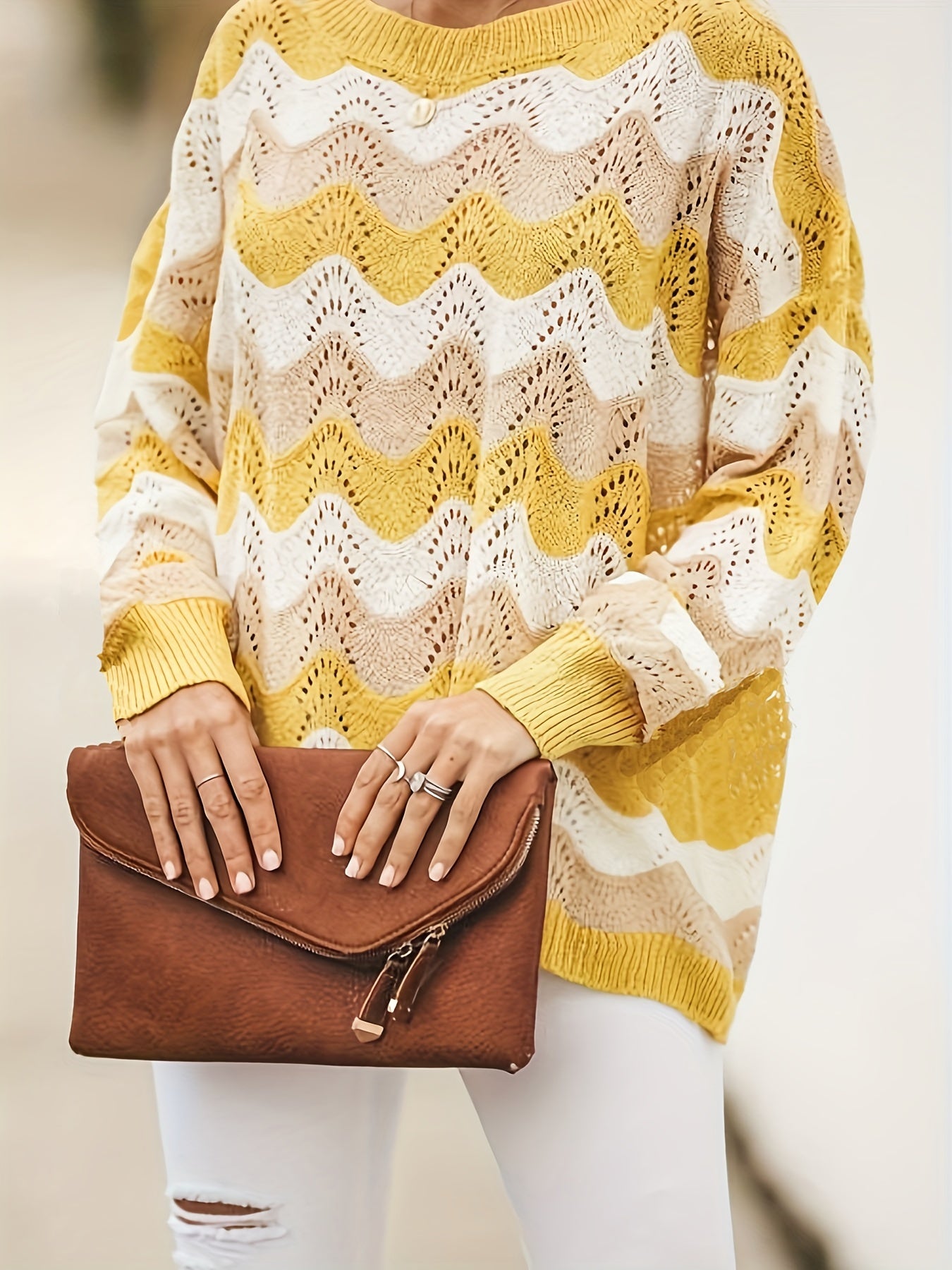 Colorblock Embroidered Sweater Long Sleeve Round Neck Jumper