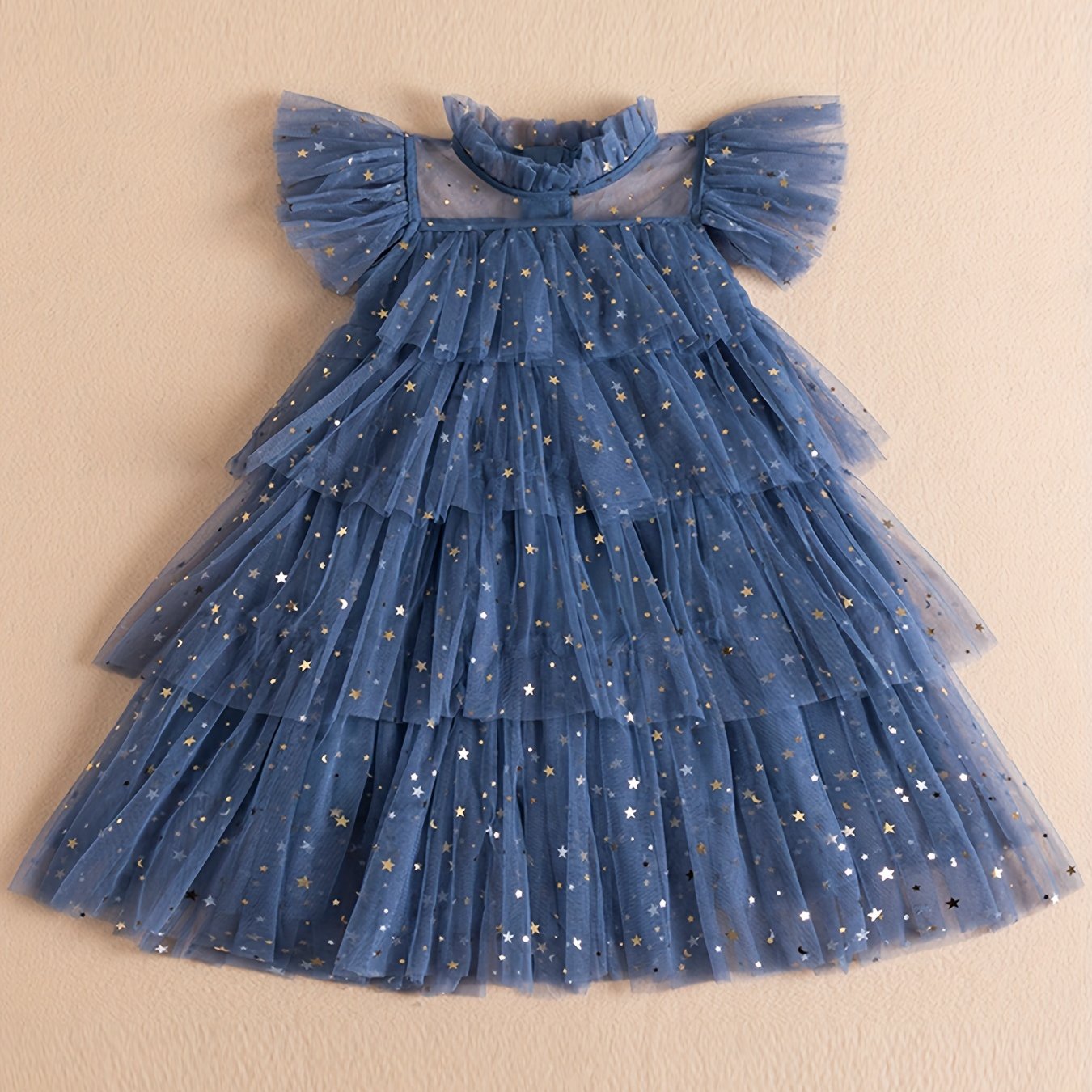 Star Sequin Tutu Dress Girls Tunic Flying Sleeve Dress For Party
