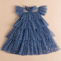 Star Sequin Tutu Dress Girls Tunic Flying Sleeve Dress For Party