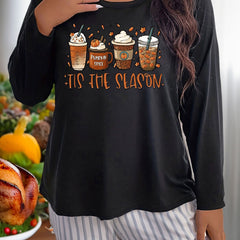 Women's Plus Size Pumpkin Drinks Graphic Long Sleeve Sleepwear T-shirt