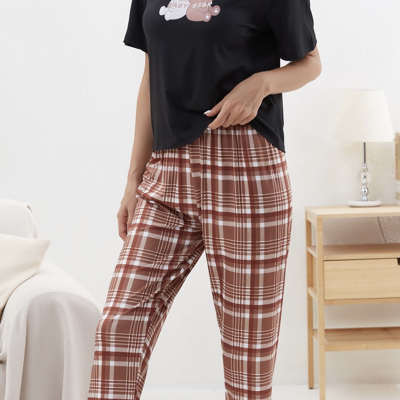 Bear Print Pajama Set Top & Plaid Pants