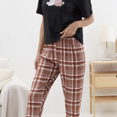 Bear Print Pajama Set Top & Plaid Pants