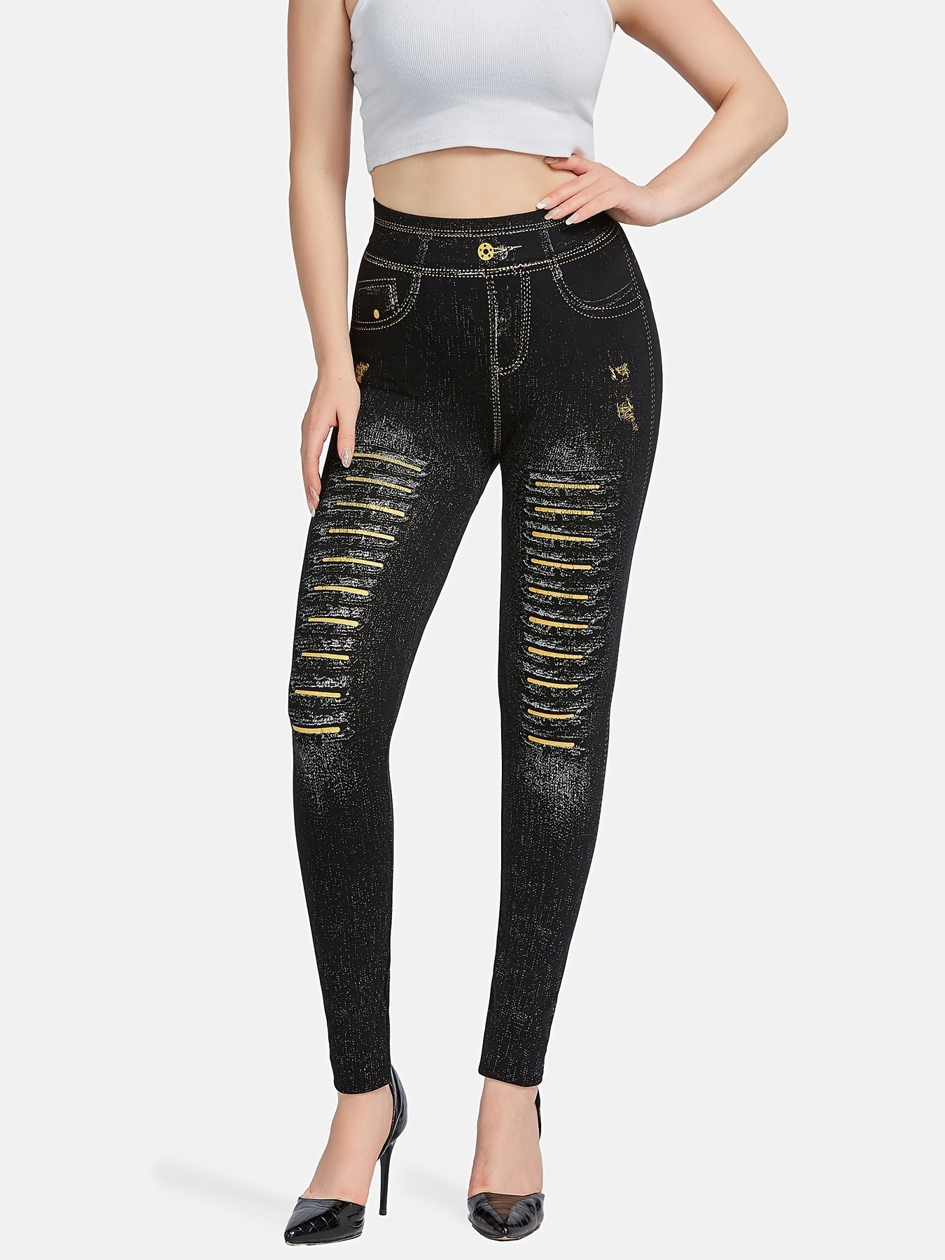 Denim Print Skinny Leggings Stretchy Casual Leggings