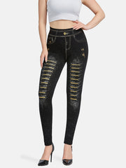 Denim Print Skinny Leggings Stretchy Casual Leggings