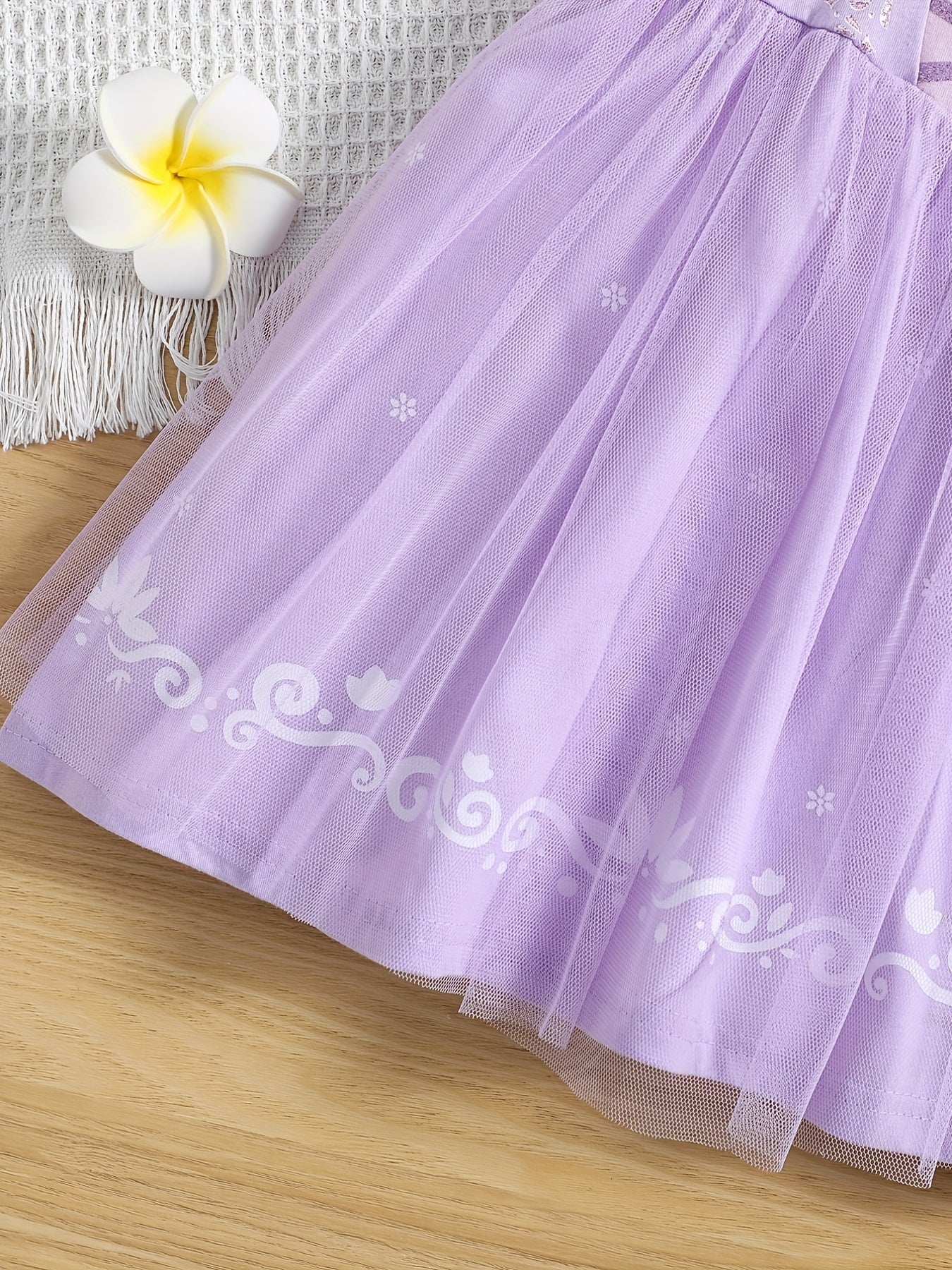 Girls Princess Dress Puff Sleeve Tulle Ribbon Print Halloween Party