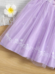 Girls Princess Dress Puff Sleeve Tulle Ribbon Print Halloween Party