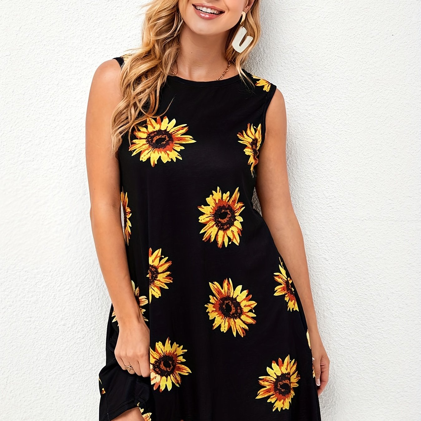 Sunflower Print Sleeveless Dress Casual Tank Dress For Spring & Summer